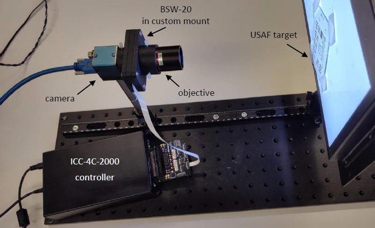 安装组件，BSW-20 位于相机和物镜之间。一个USAF目标用于显示分辨率的变化